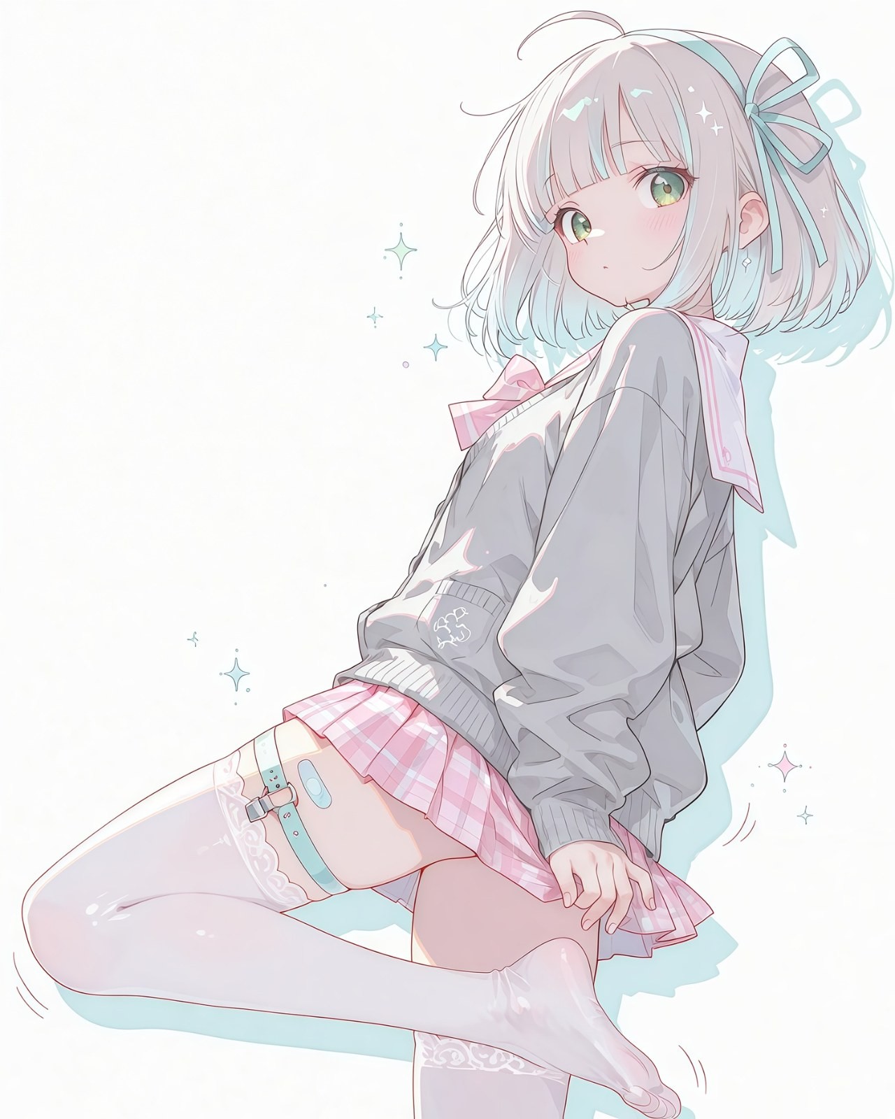 Silver-haired girl in light gray sailor sweater pink plaid skirt white lace socks