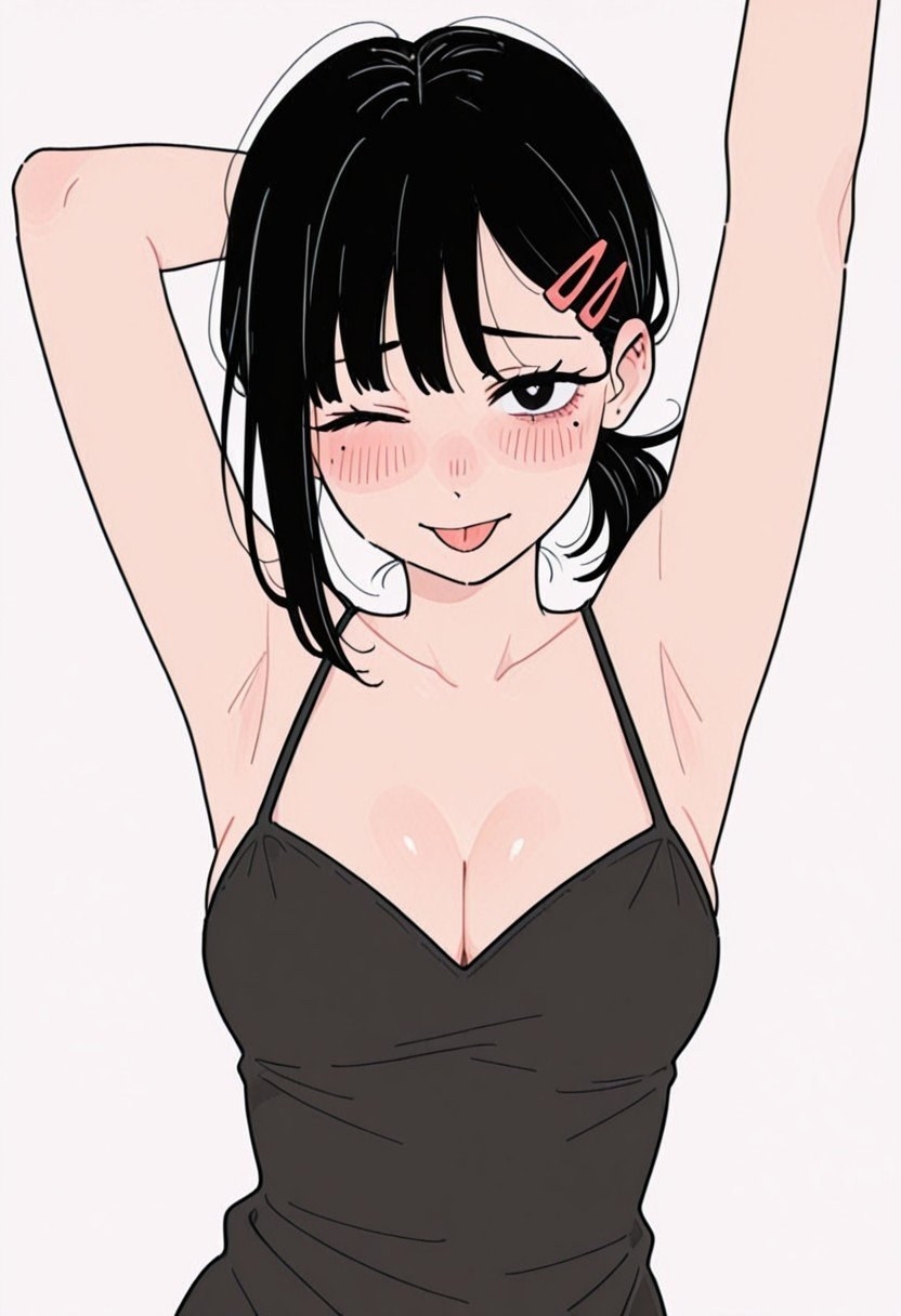 Garota anime de cabelo preto curto com vestido preto de alcinha e decote V profundo inclina a cabeça e pisca