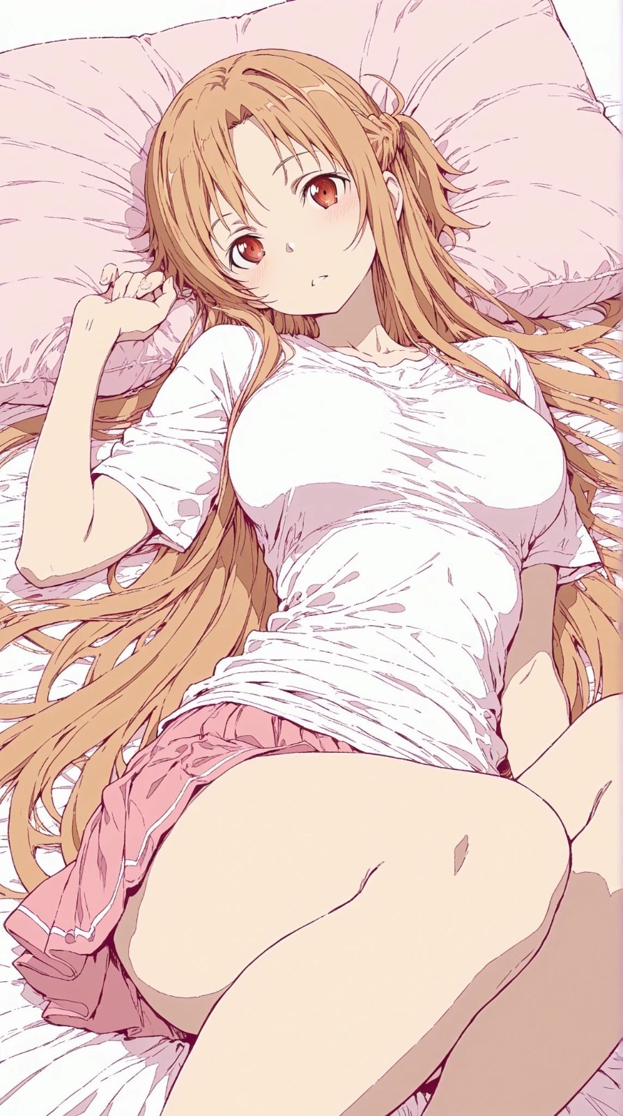 Blondes Anime-Mädchen in weißem Top und rosa Shorts liegt auf rosa Bett