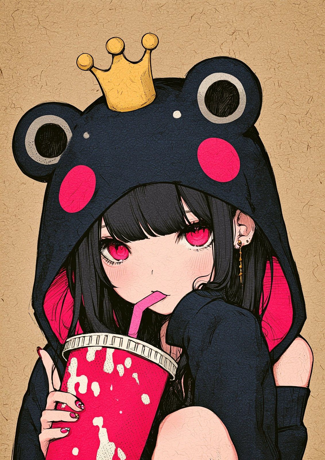 Une fille d'anime aux cheveux noirs et aux yeux rouges porte un haut décolleté et tient une tasse de boisson magenta