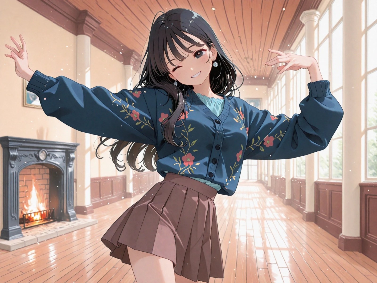 Garota anime de cabelo preto longo com cardigã azul floral e saia marrom abre os braços em corredor europeu