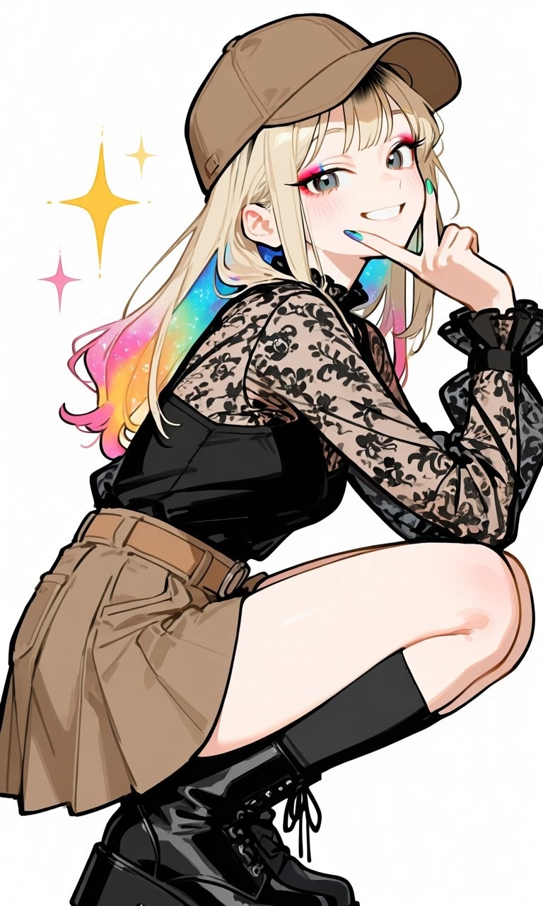 A blonde girl in a black lace top and brown skirt smiles in a V-sign pose