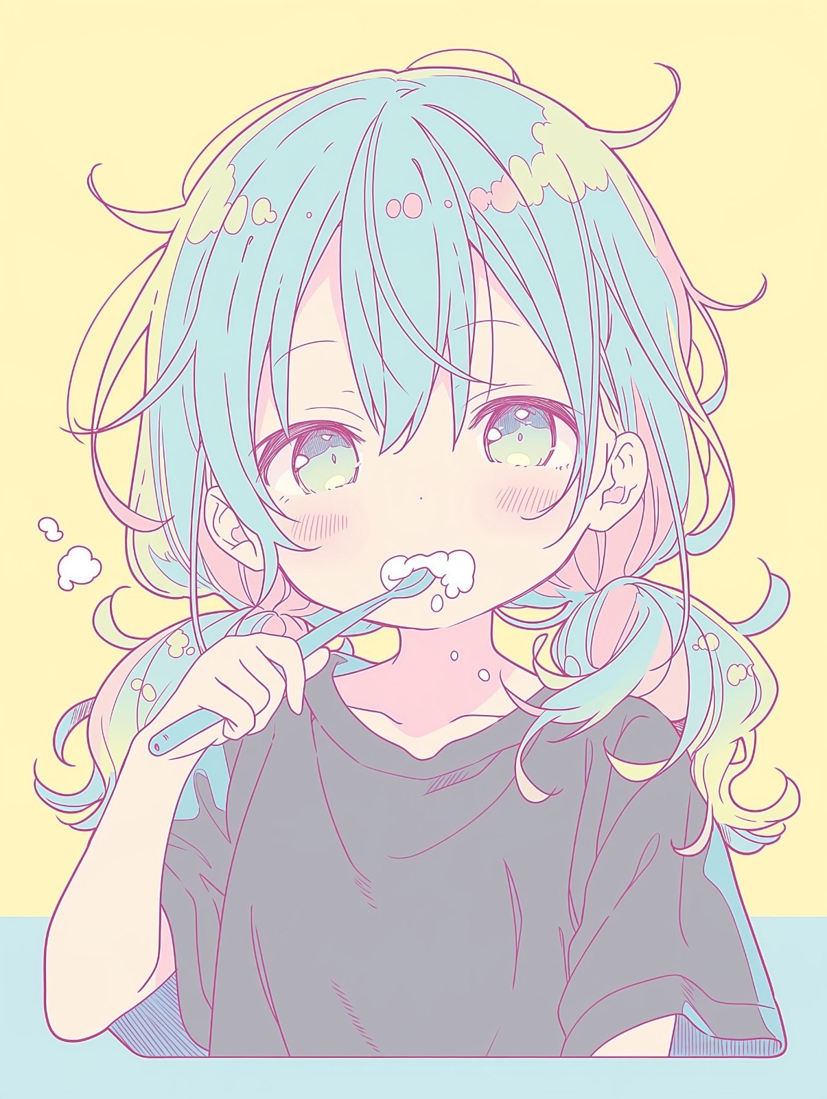 Fille anime aux couettes vert menthe se brossant les dents