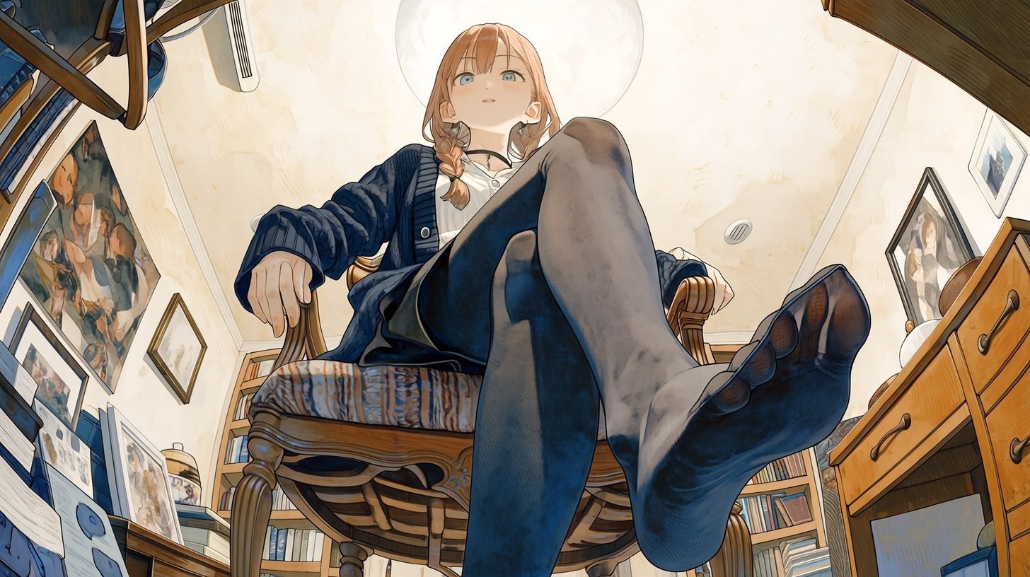 Japanische Anime-Illustration einer Frau mit hellbraunem Haar auf einem geschnitzten Holzstuhl in dunkelblauer Strickjacke und dunklem Rock