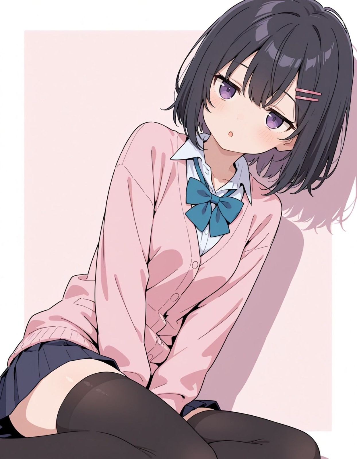 An anime girl is wearing a pink cardigan and dark pleated skirt