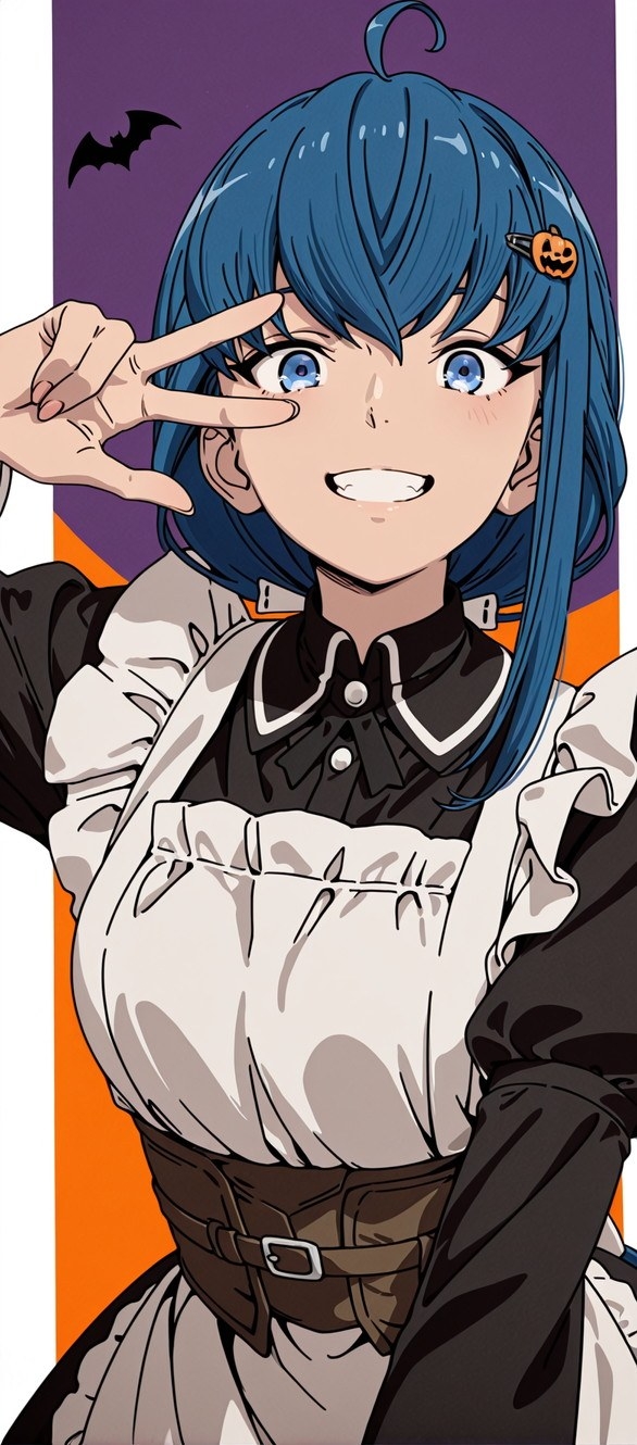 Blue-haired girl in maid outfit makes peace sign