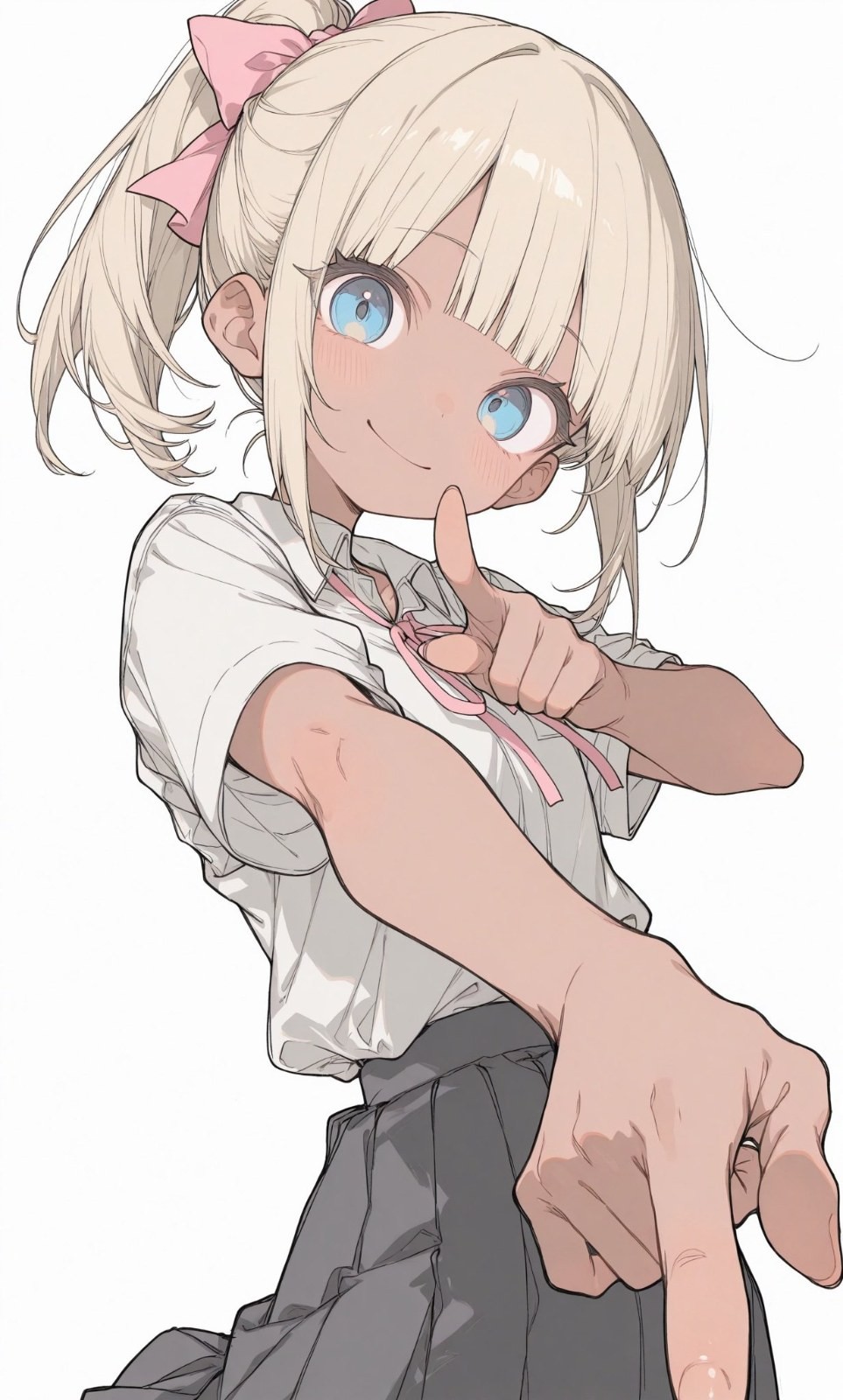 An anime-style girl with short light hair in a side ponytail wearing a white shirt and dark pleated skirt