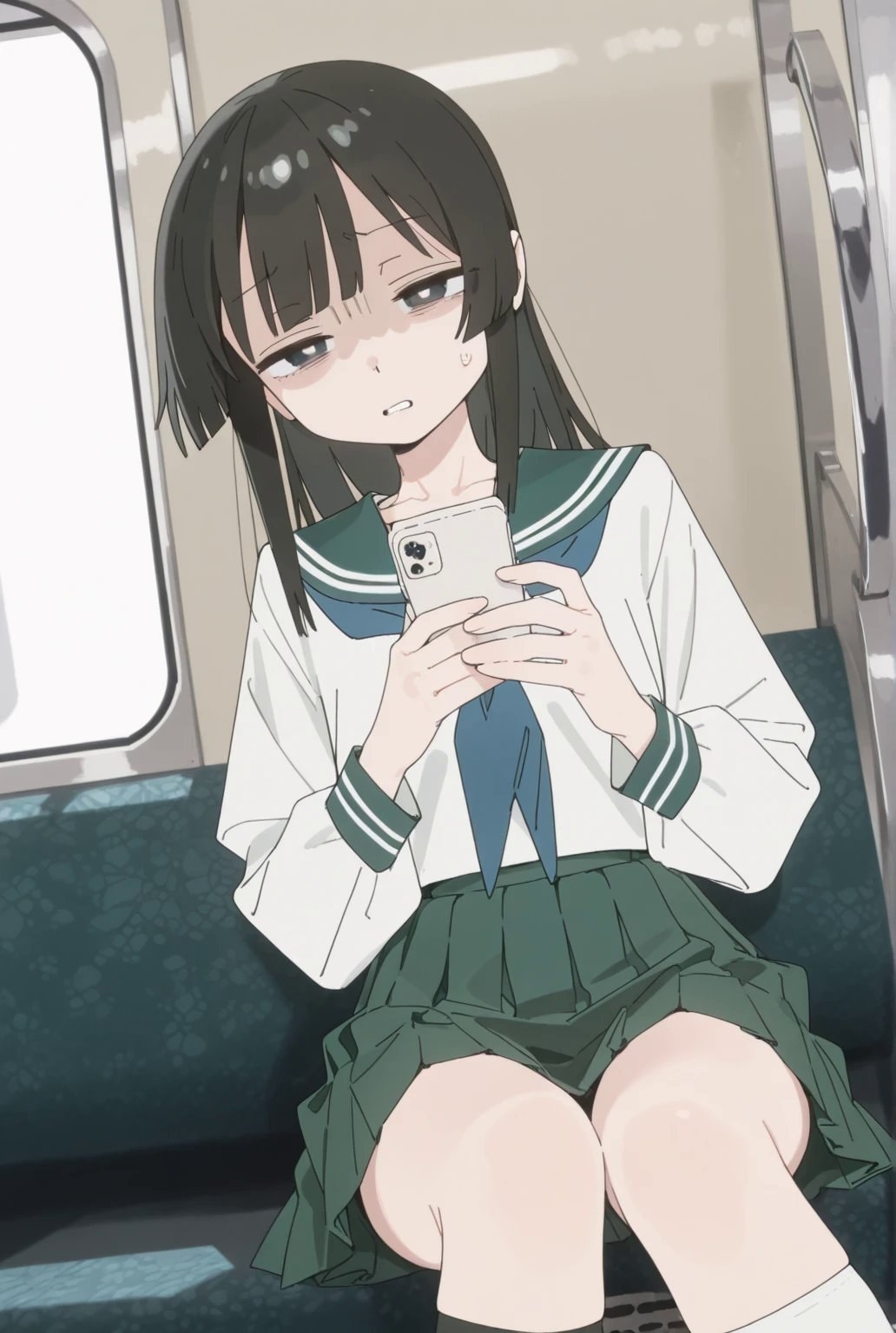 Garota de cabelo preto com uniforme marinheiro branco e saia plissada verde-escura sentada no trem olhando o celular cansada