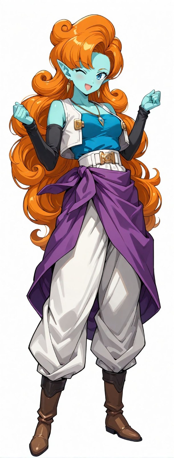 Uma personagem feminina de pele azul e orelhas pontudas exibe uma pose animada