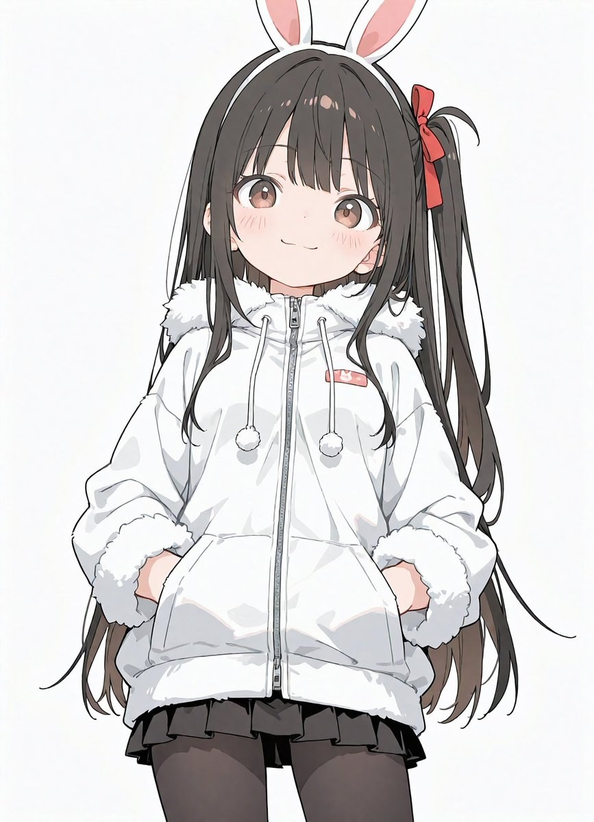 黑長髮兔耳髮箍少女穿白色毛絨邊連帽外套配黑百褶裙