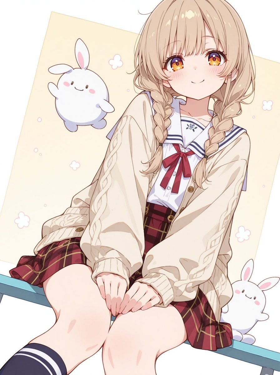 A girl wears a white shirt with a red bow and a plaid skirt with knee socks