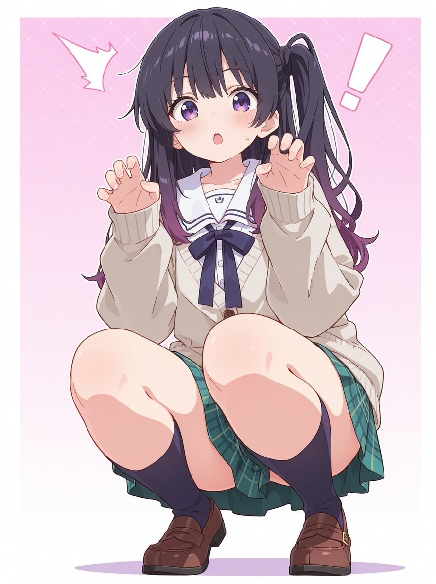 A black and purple haired anime girl is wearing a sailor collar shirt and a beige cardigan paired with a dark green plaid mini skirt and dark socks boots