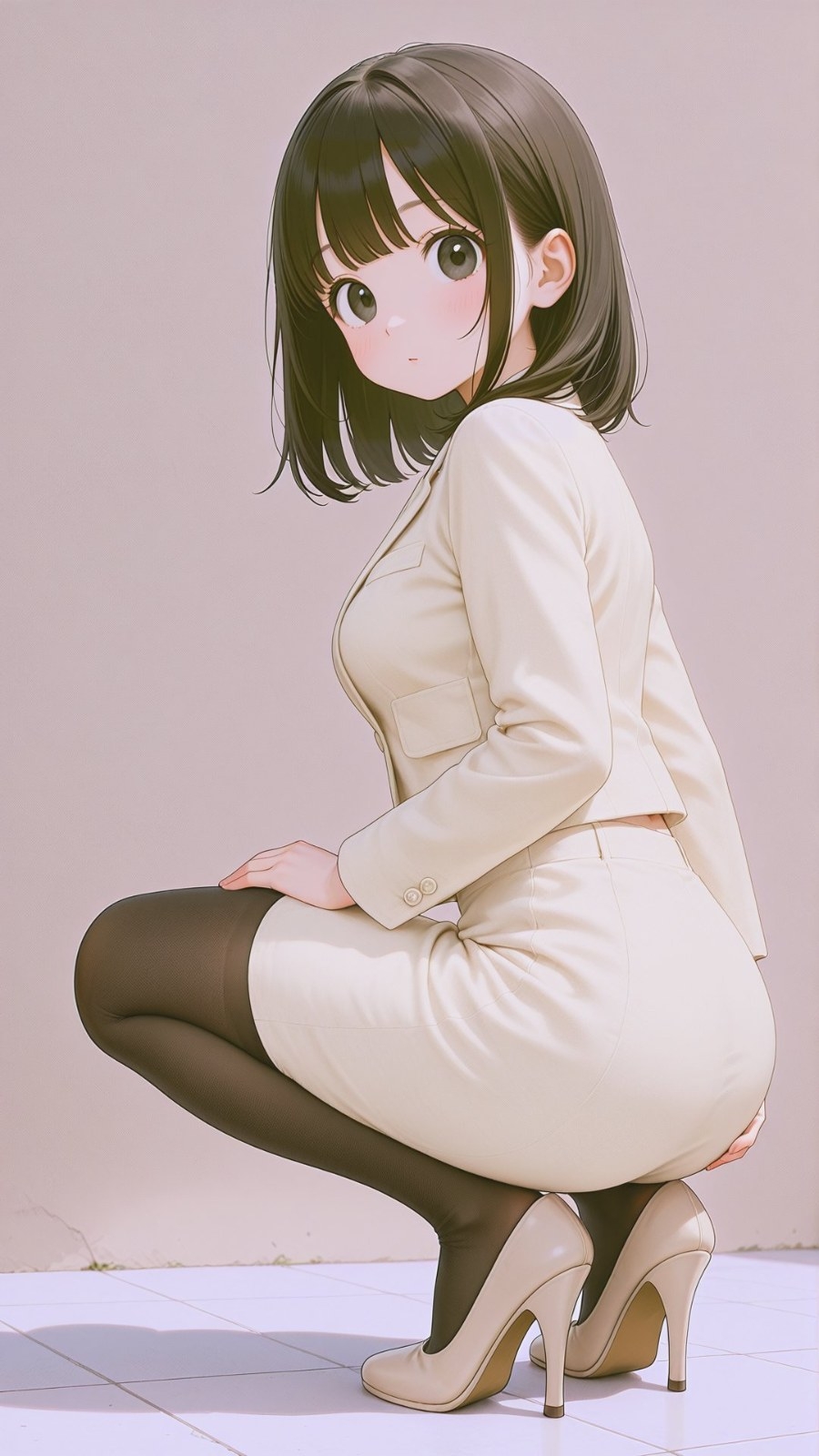 Jeune personnage anime féminine aux cheveux noirs au carré avec frange porte un blazer beige une jupe des collants noirs et des talons accroupie regardant en arrière