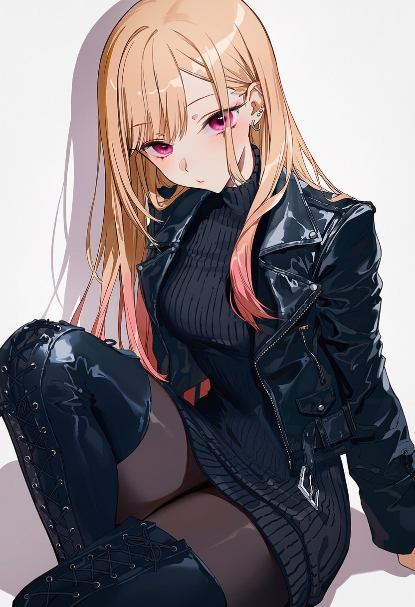 金发粉尾女性动漫角色穿黑皮夹克高领毛衣坐姿