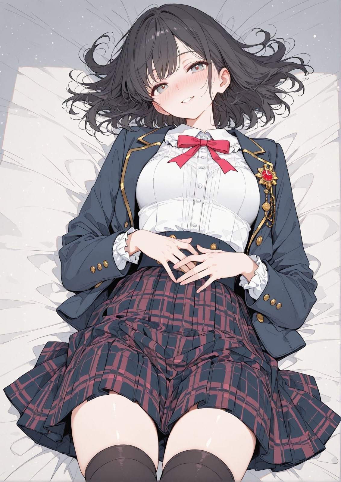 Black-haired anime girl lying on bed in navy gold-trimmed uniform