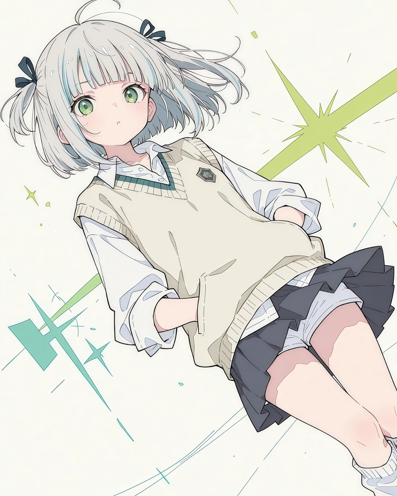 Fille d'anime aux cheveux gris argentés et aux yeux verts brillants portant une chemise blanche et un gilet en tricot beige, associé à une jupe plissée sombre et des chaussures blanches