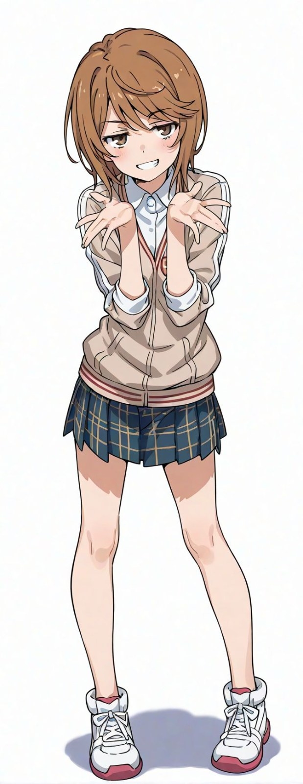 A brown-haired girl in a beige sports jacket with a red tie and dark blue checkered skirt exudes a lively and cute vibe