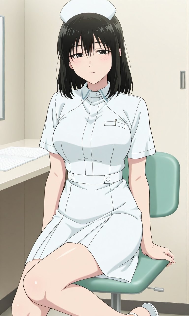 Black-haired woman in white nurse uniform sits in clinic