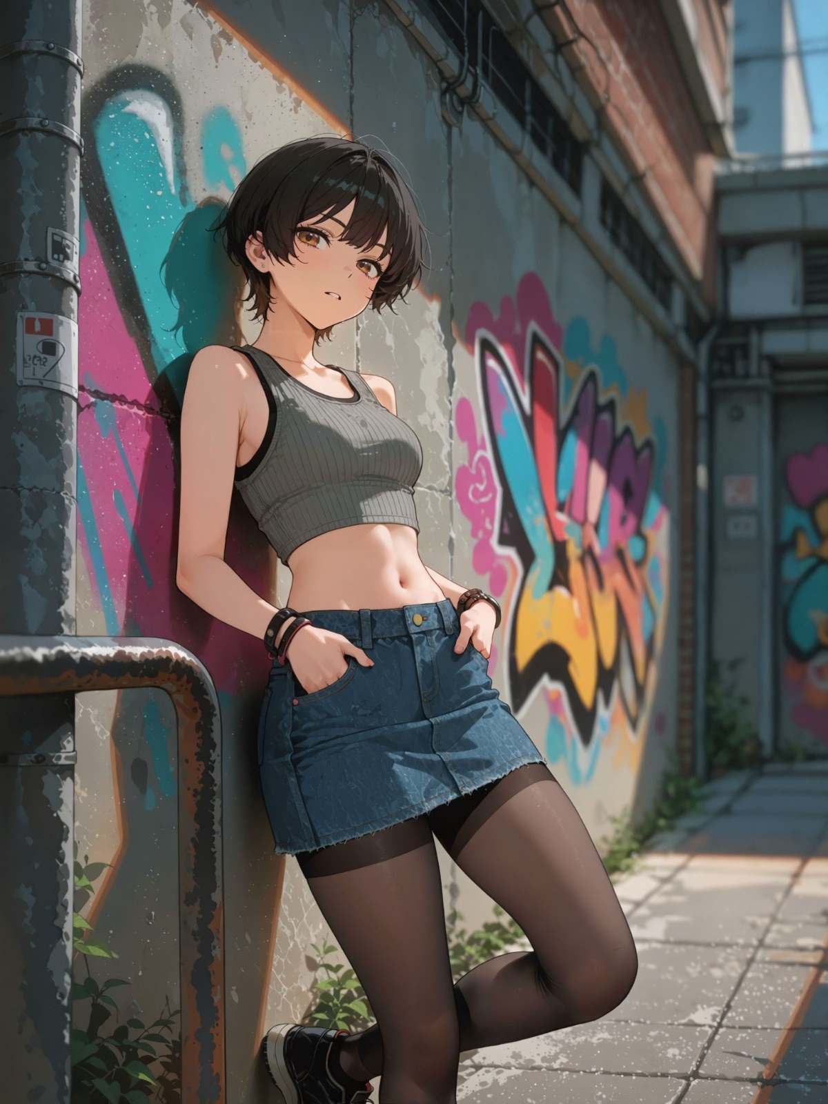 ダークブラウンのショートヘアのアニメ女性が、グラフィティの古い壁にもたれかかり、ダークグレーのクロップトップとブルーデニムミニスカート、黒タイツ、スニーカーを着用