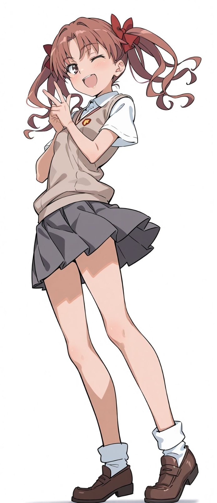 茶髪ツインテールのアニメ少女が白シャツとキラキラベストとプリーツスカートを着用