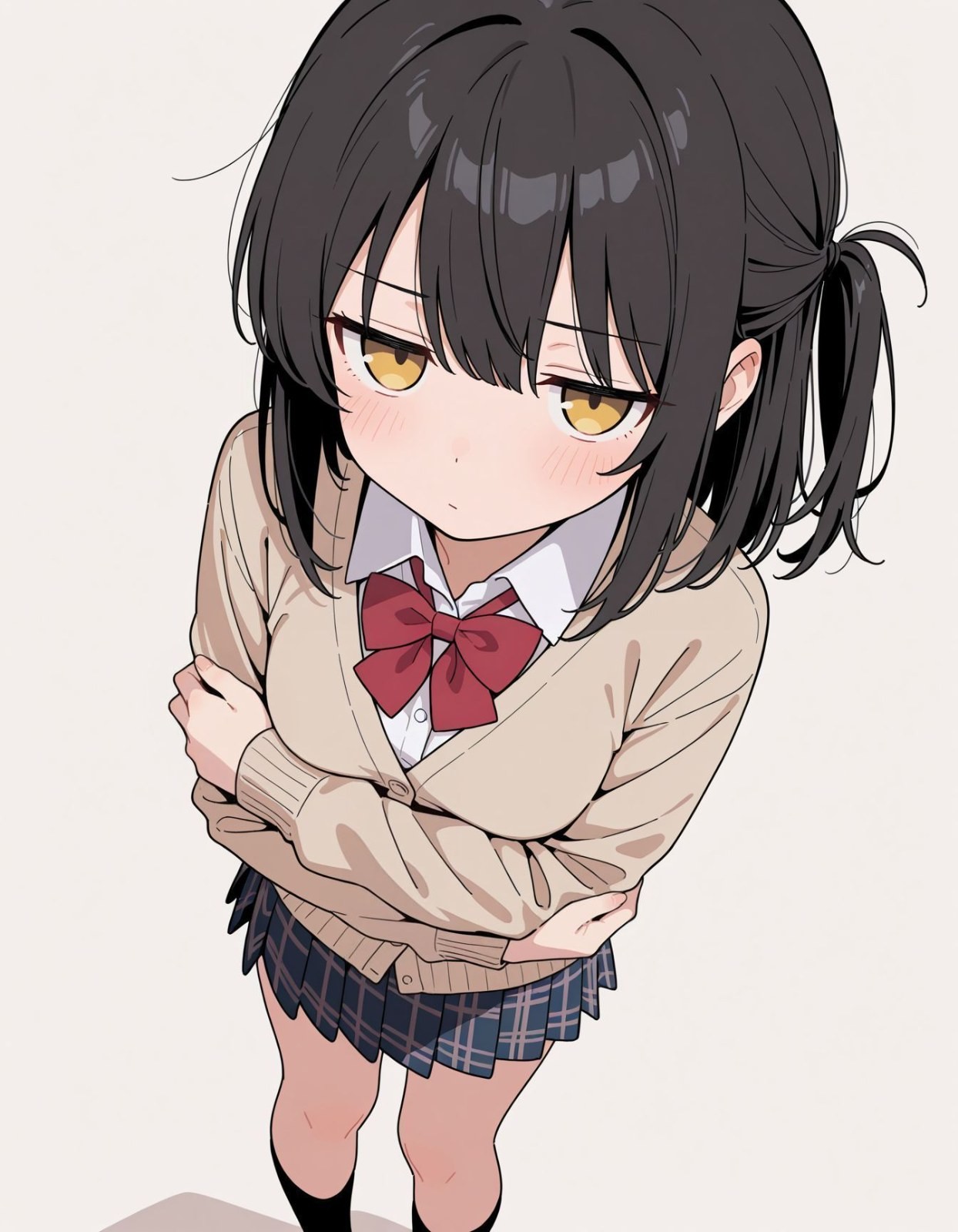 An anime girl with black short hair wears a beige cardigan and checkered pleated skirt