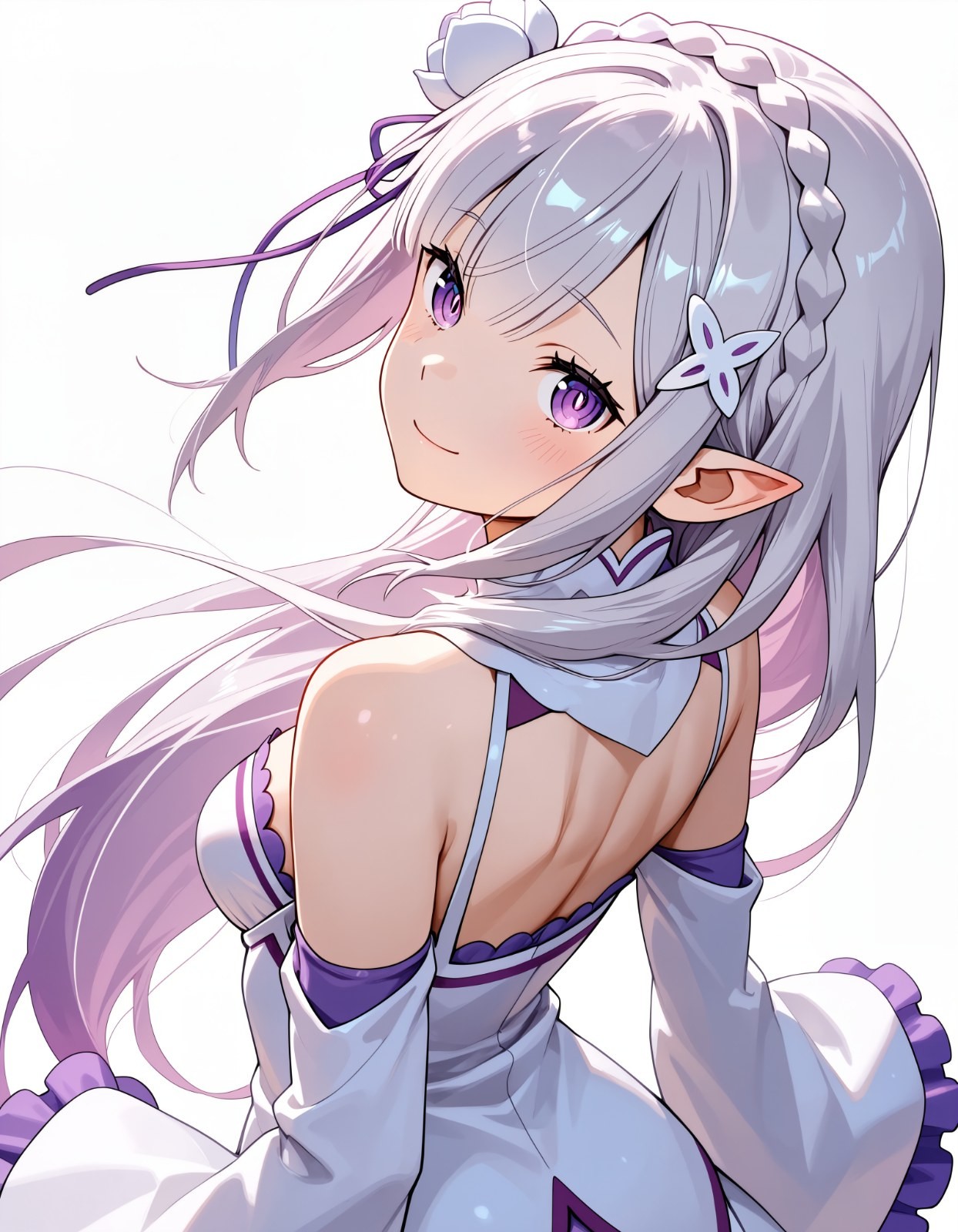 The elf girl with silver long hair wears a white and purple backless camisole dress