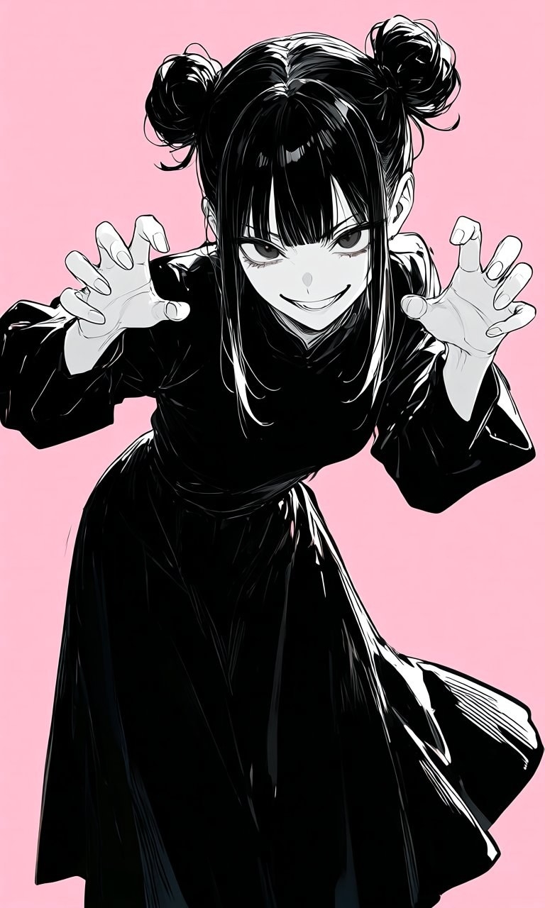 黒髪のお団子少女が黒いワンピースで前かがみに掴む