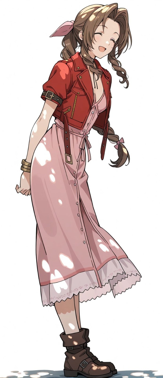 棕发少女穿红色夹克和粉色连衣裙