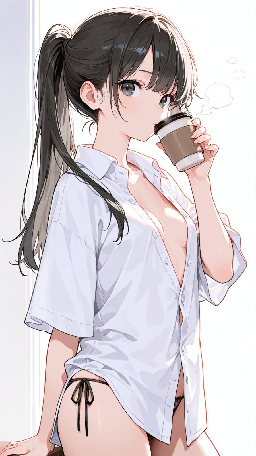黑長髮女性身穿白色襯衫，舉杯看向外界