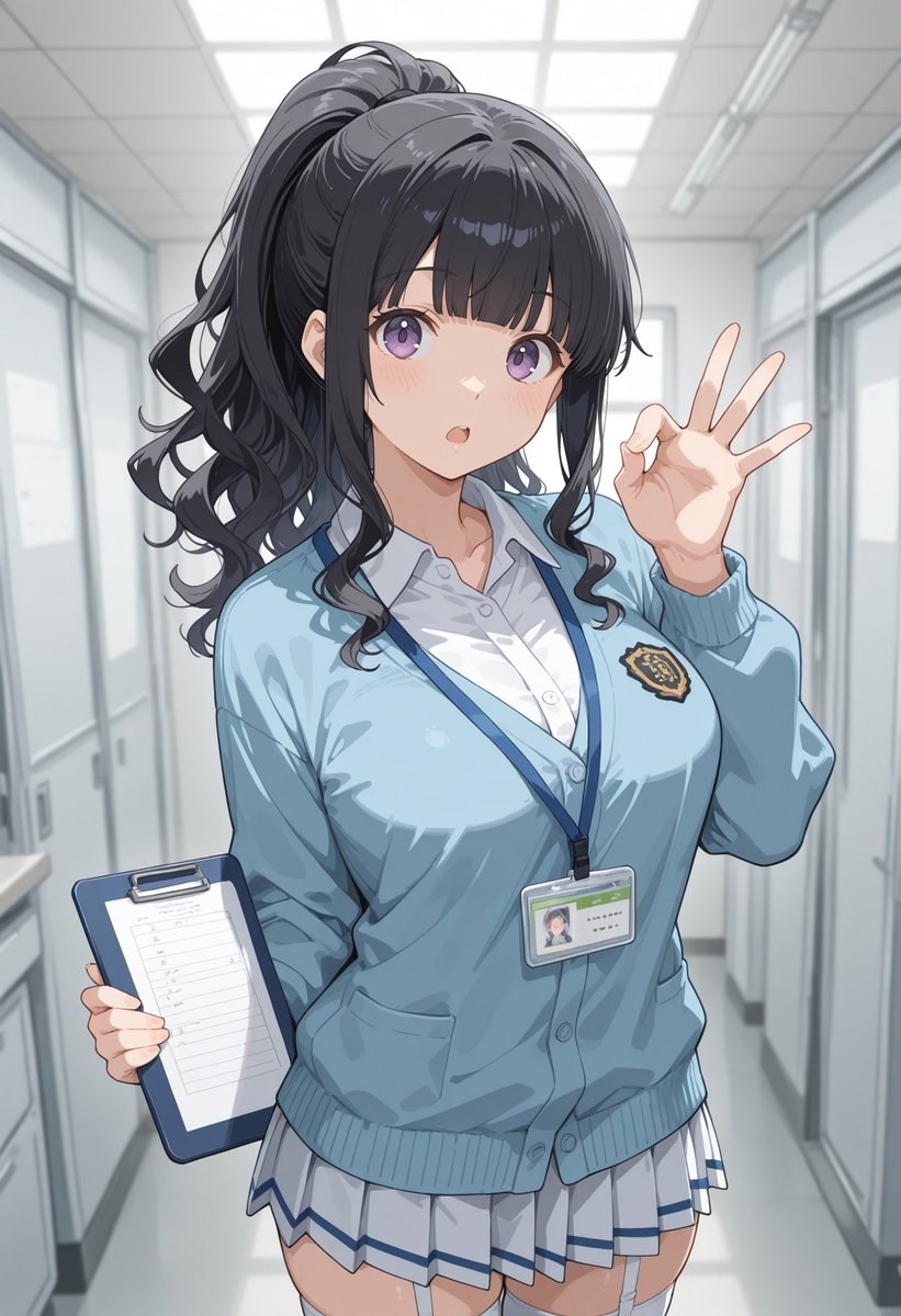 黑色高馬尾動漫少女穿淺藍開衫白襯衫站走廊