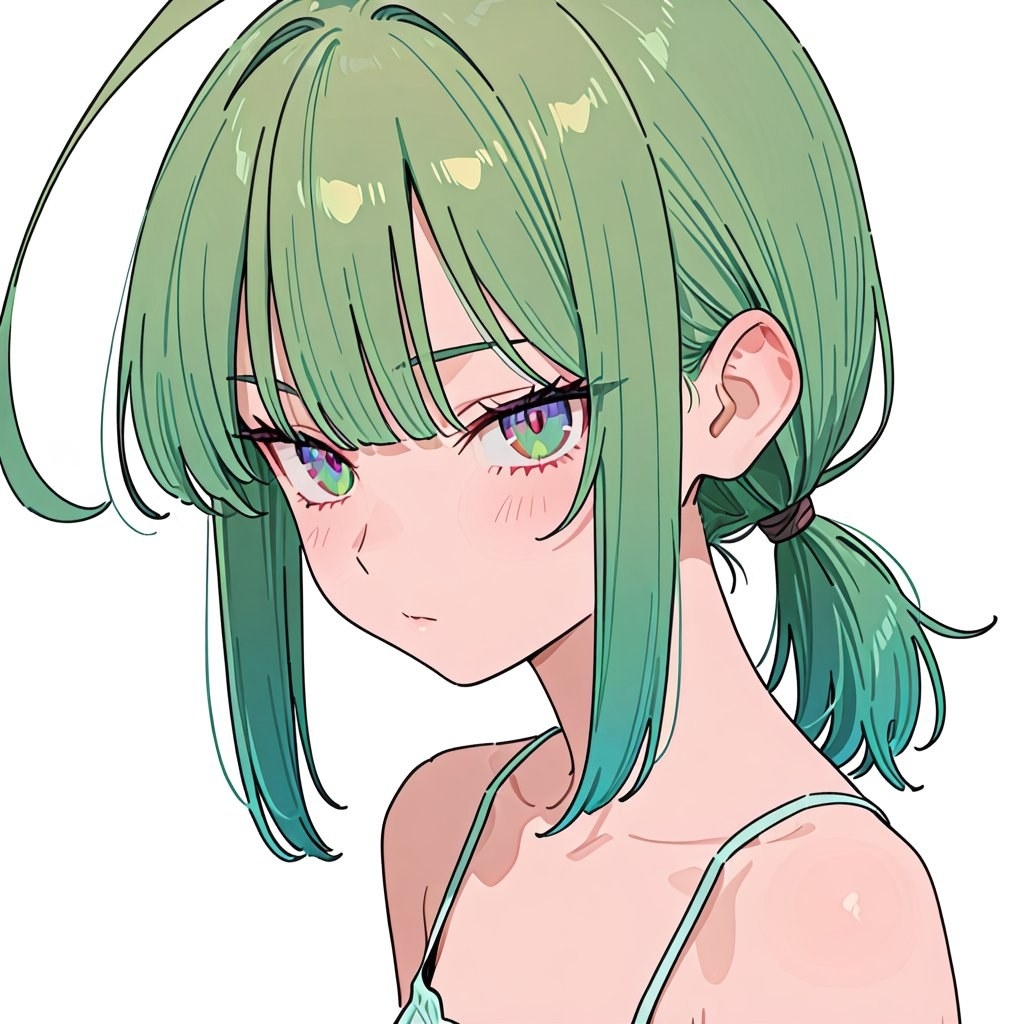 Une illustration en gros plan d'une fille aux cheveux verts montrant sa coiffure unique et son expression distante