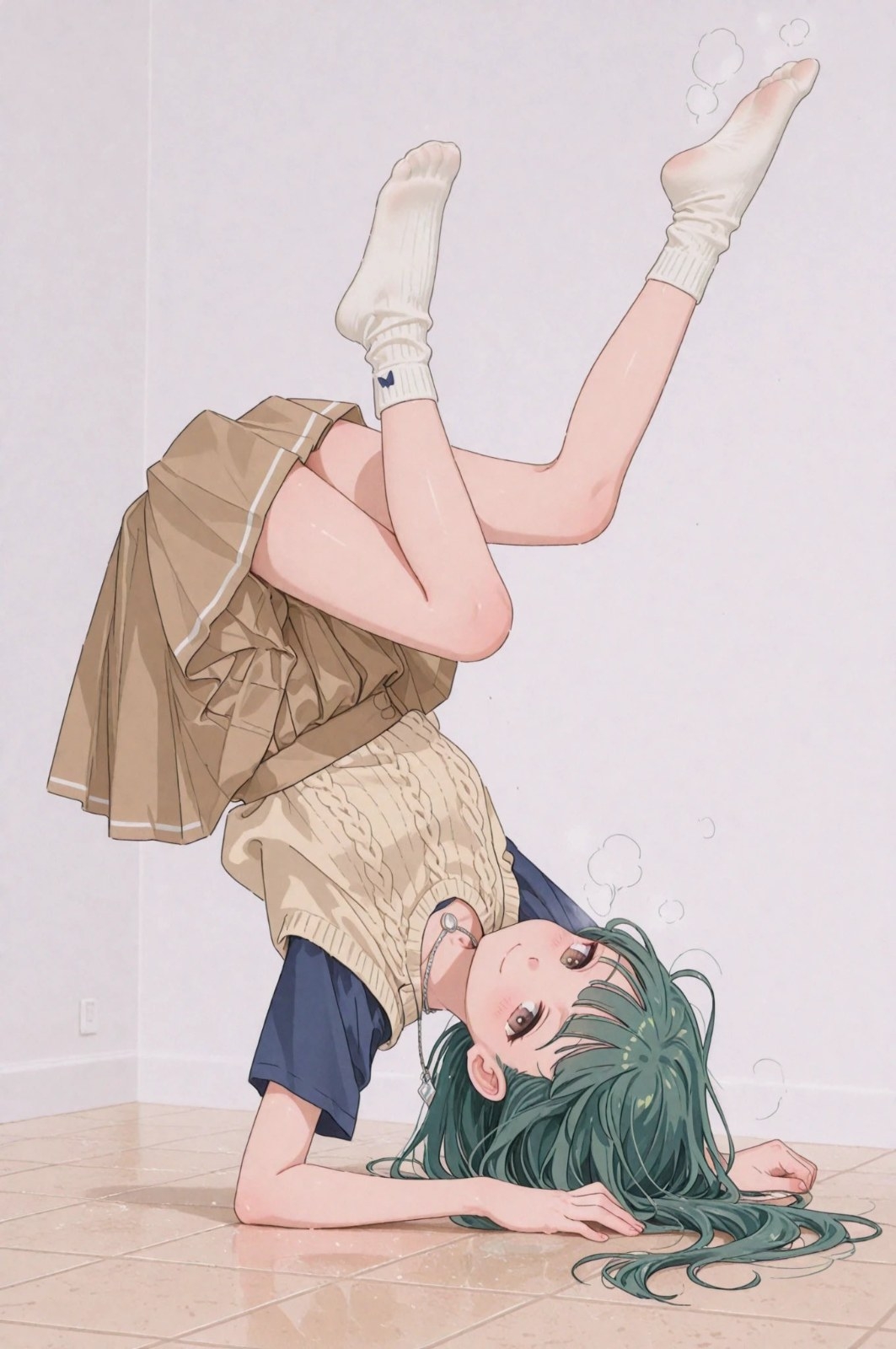 Green-haired girl doing handstand wearing khaki pleated skirt knit vest shirt white socks