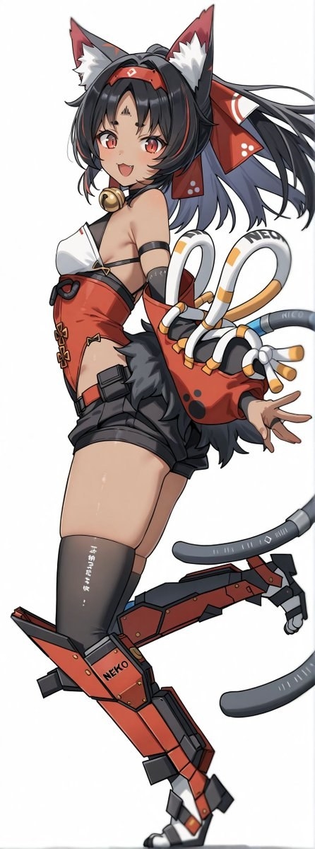 Cat-eared girl in red-white backless top and black shorts on white background