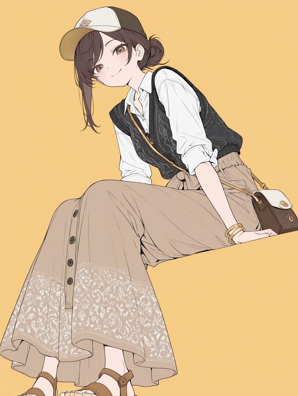 Jeune femme en chemise blanche, gilet en maille, jupe beige en dentelle et sandales marron