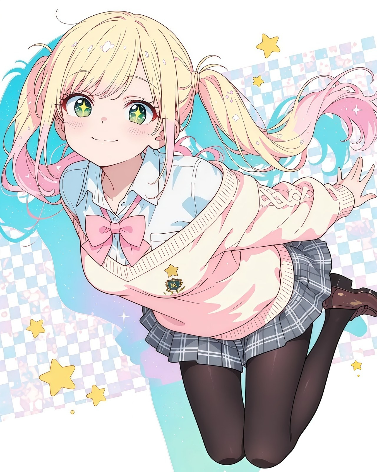 Fille anime aux couettes dégradées or-rose agenouillée penchée souriante en chemise blanche nœud rose pull col V jupe à carreaux collants noirs chaussures marron