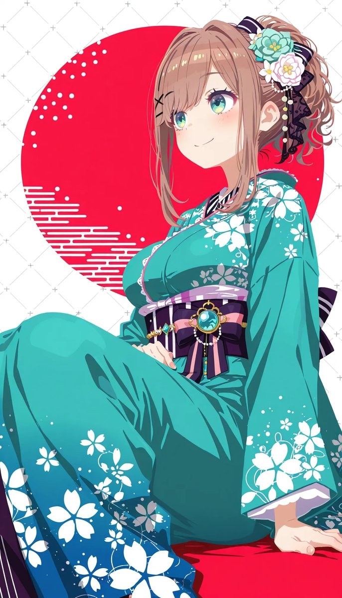 Jeune fille en kimono furisode vert devant soleil rouge