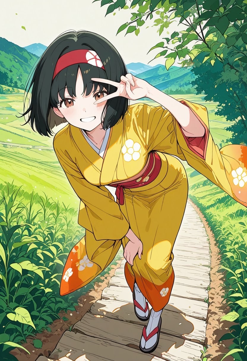 Black-haired girl in bright yellow kimono and red obi stands on rural path