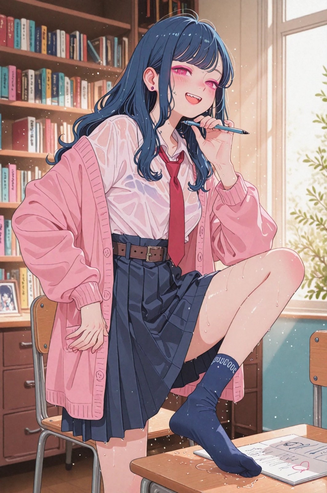 Fille anime aux cheveux bleu foncé en chemise blanche cravate rouge gilet rose assise sur un bureau