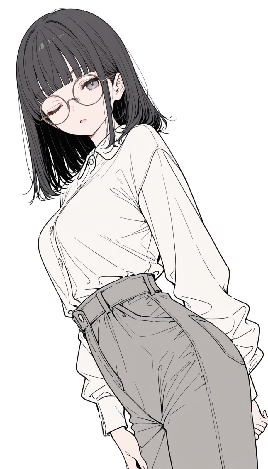 A girl with black bangs and round glasses wearing a loose white shirt and gray high-waisted pants, exuding a laid-back aura