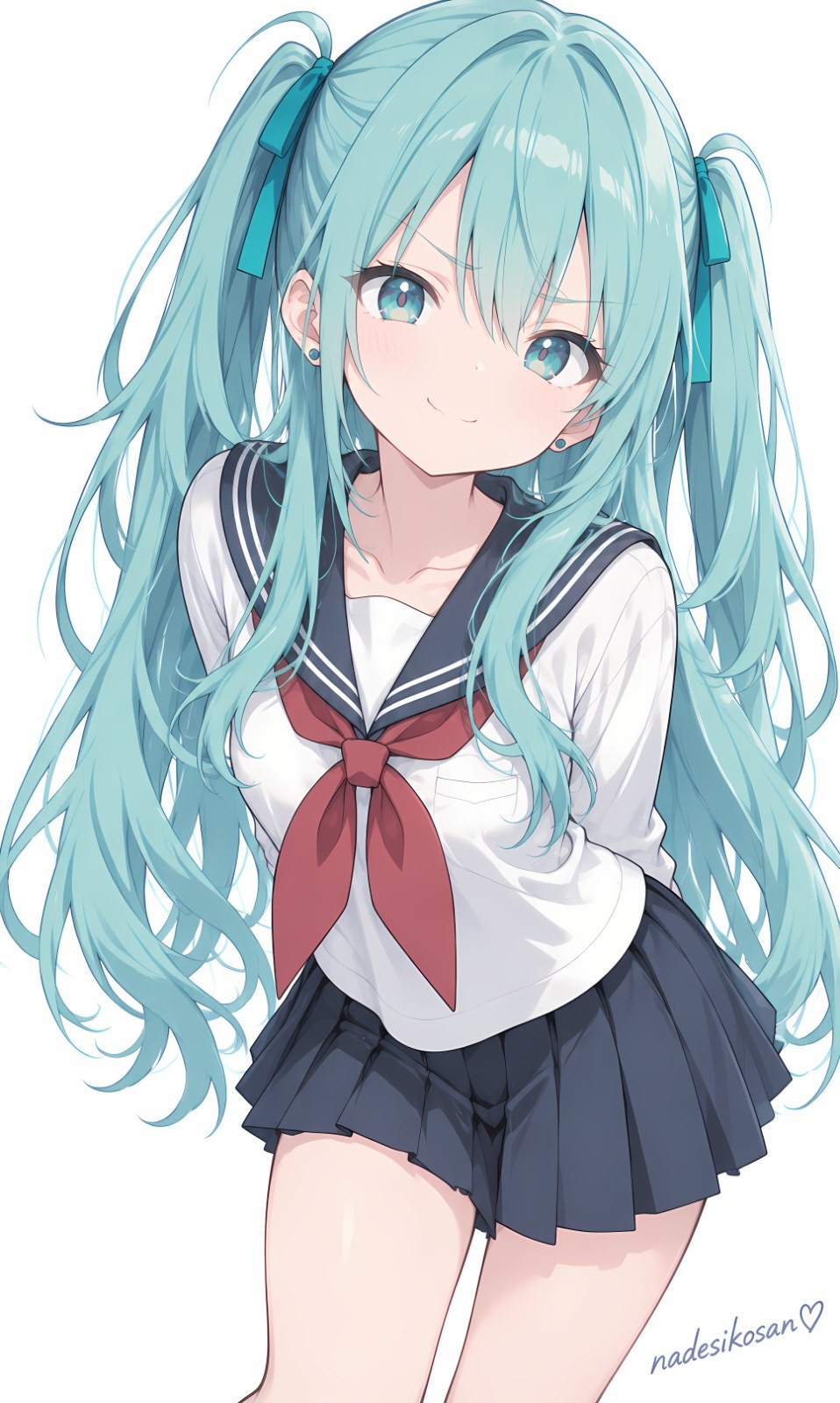 Teal twin-tail anime girl in sailor suit smiling