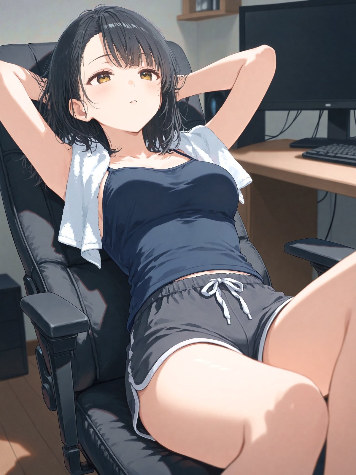 A short-haired anime woman sits in an esports chair