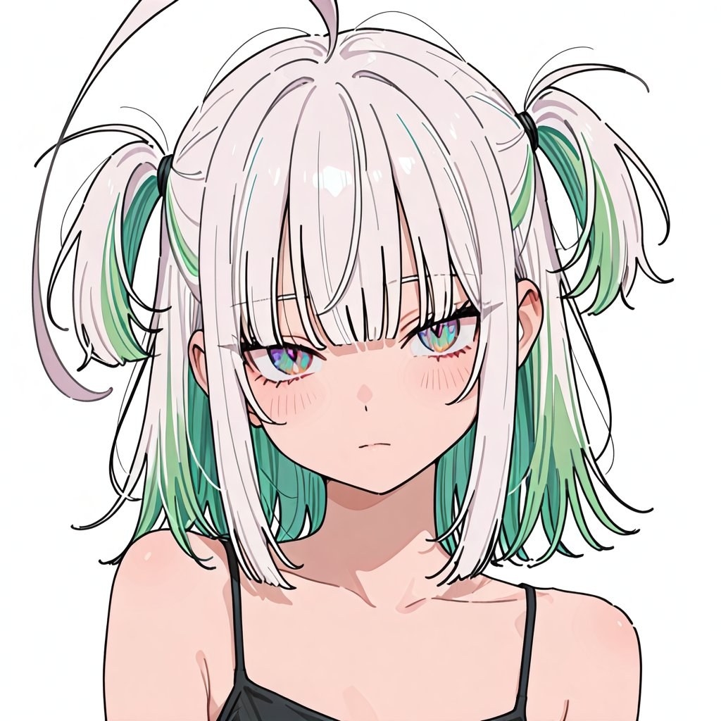 Un buste d'une fille aux cheveux blancs dans un style anime avec des couettes, expression paresseuse et indifférente, portant un débardeur noir
