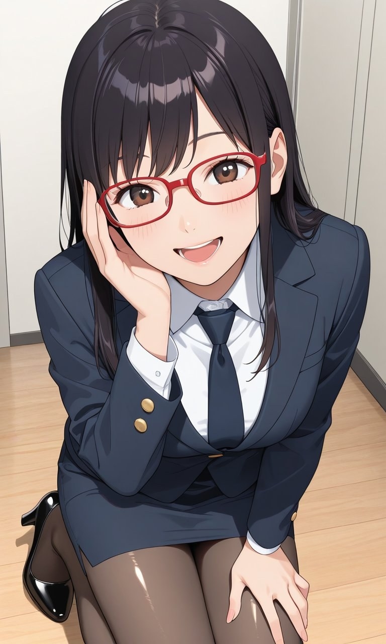 紅眼鏡二次元女性穿深藍西裝跪坐木地板