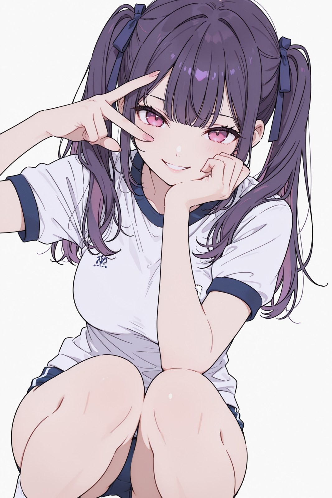 Purple twin-tail anime girl in white-blue gym uniform making V sign
