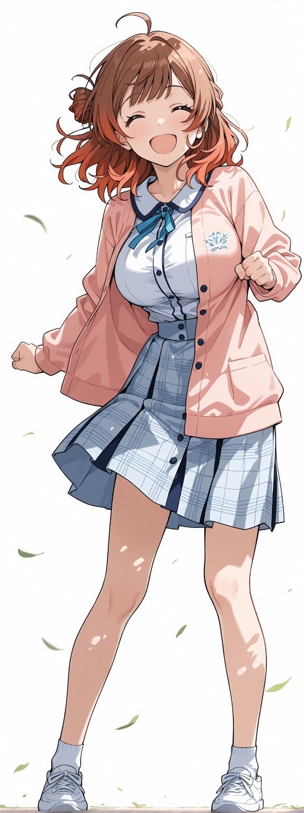 Fille anime aux cheveux courts brun orangé en cardigan rose et jupe bleue rit poings serrés