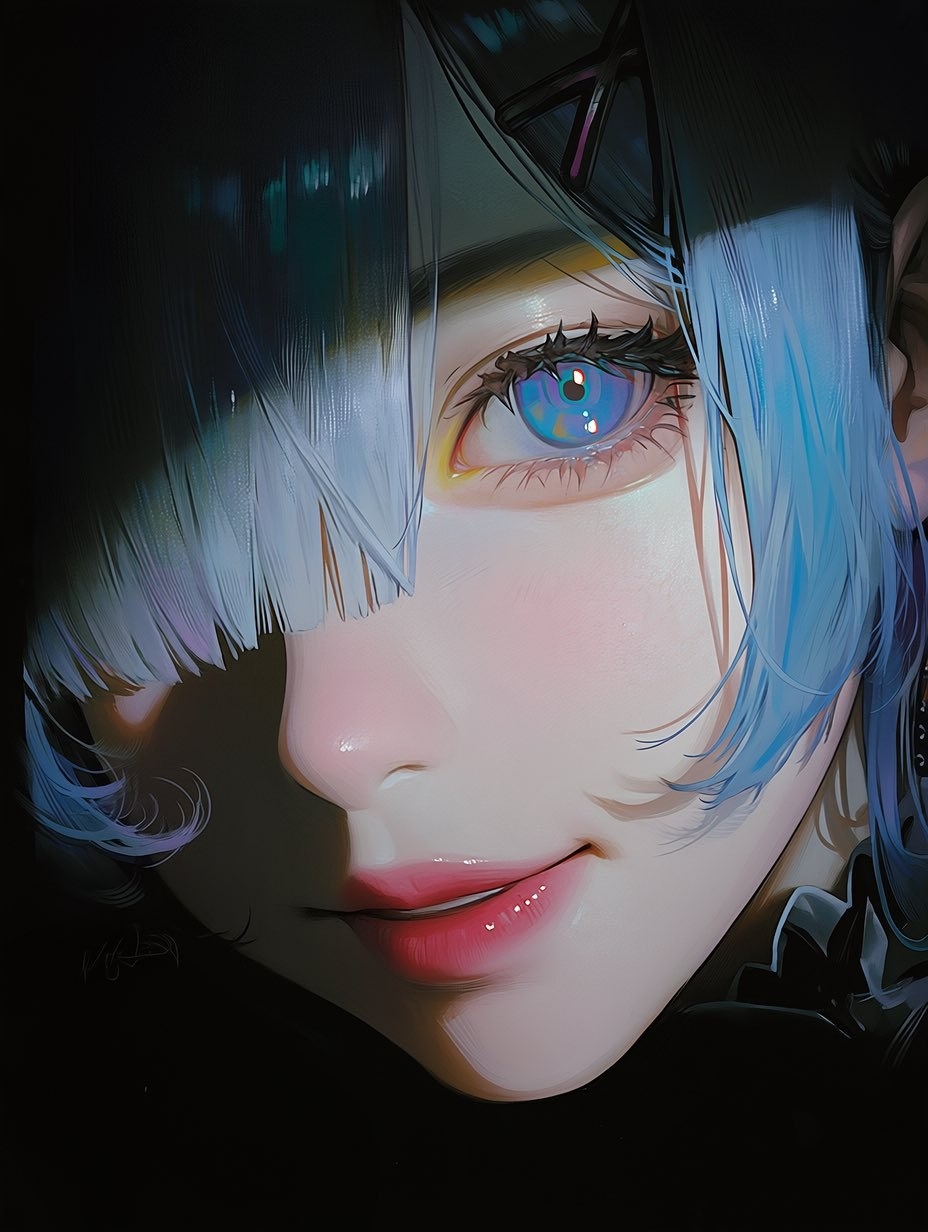 Die Figur im Anime-Stil hat Haare mit hellblauem Verlauf und Augen mit blau-violetten Verlauf