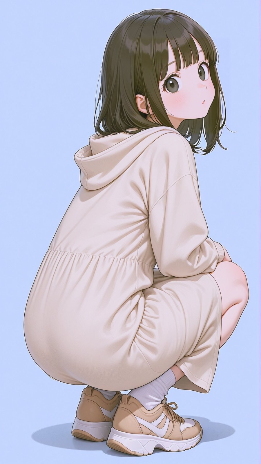 Brown bob-haired girl in cream hooded dress crouching and looking back