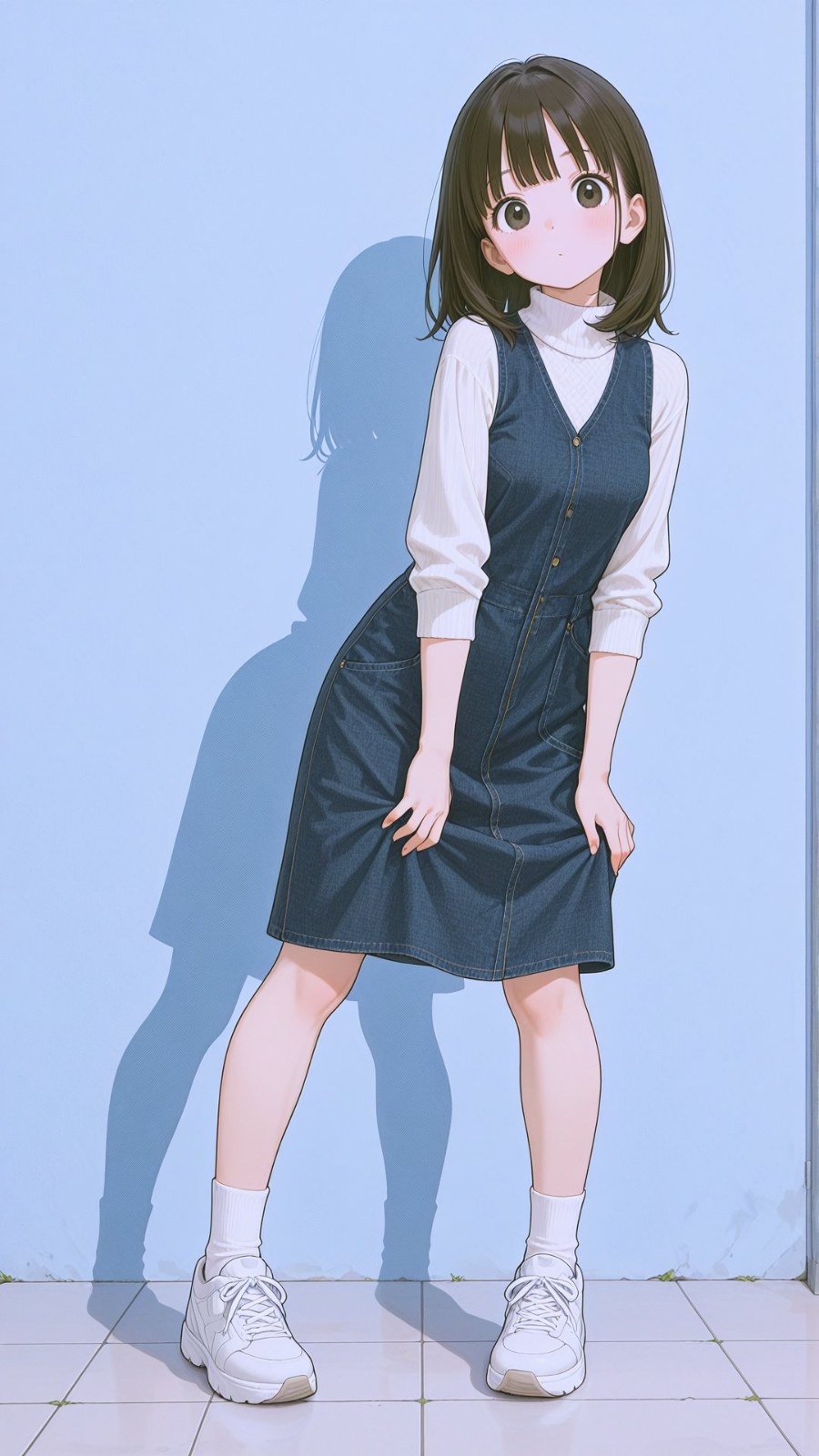 Fille anime aux cheveux bruns avec frange porte col roulé blanc et robe chasuble en jean bleu