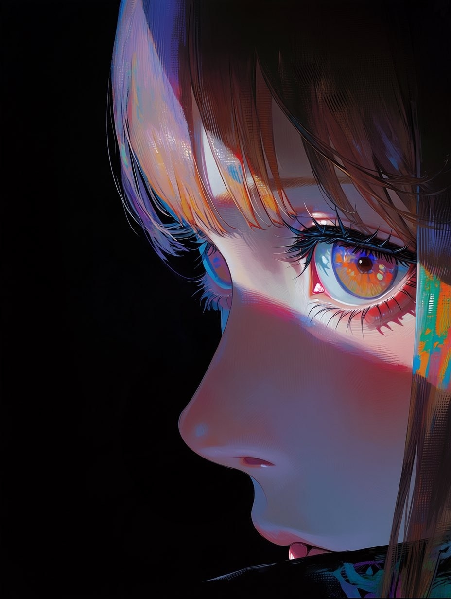 Pintura digital closeup de perfil, íris do olho com gradiente de laranja-amarelo a roxo-azul brilhando sob luz forte em fundo preto