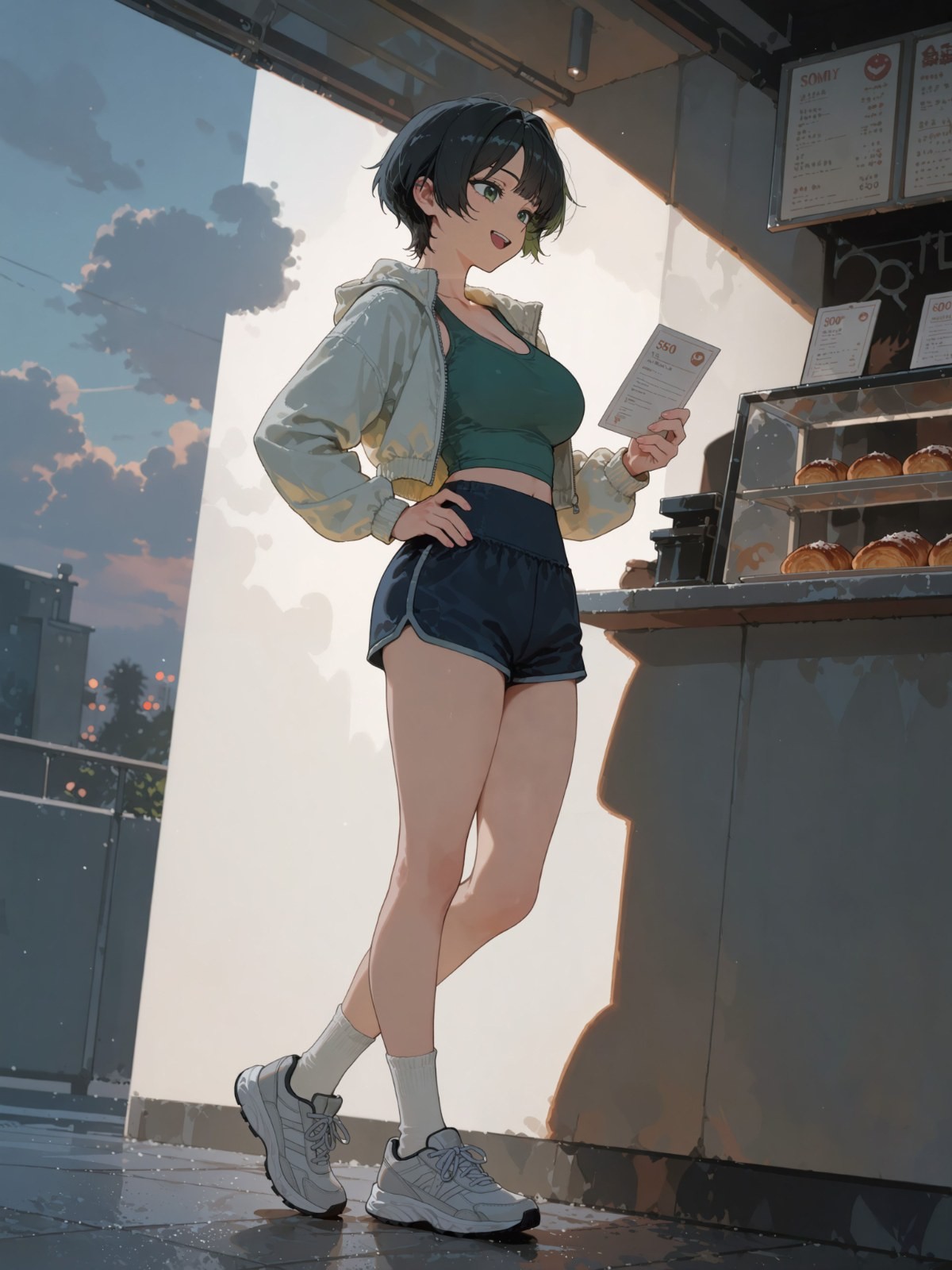 Jovem de cabelo preto curto com regata verde-escura, shorts azul-marinho, jaqueta cinza-clara com capuz e sapatos brancos em frente a food truck